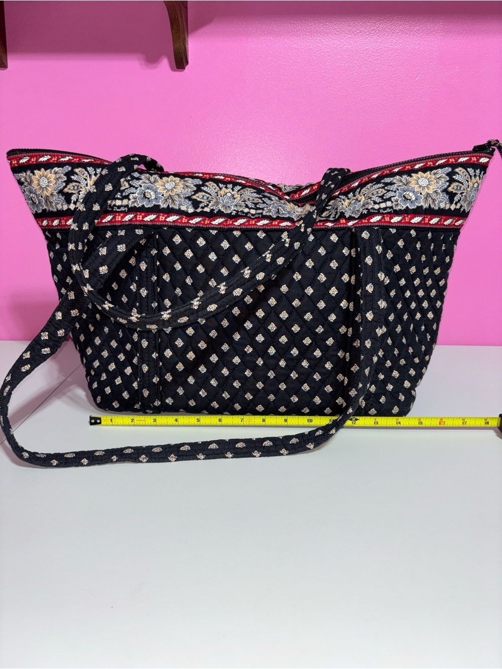 Vera Bradley Black Quilted Floral Trim Shoulder Tote